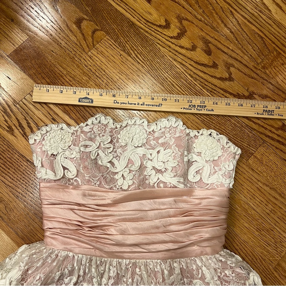 Vintage Betsey Johnson Lace Pink Strapless Mini Dress Lacey Tea Party Tulle Bow - Picture 12 of 14